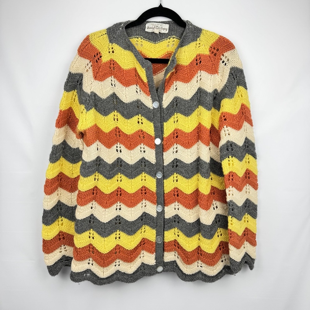 VTG Marshall Fields Large Pure Wool Orange Yellow Gray Chevron Knit Cardigan 70s